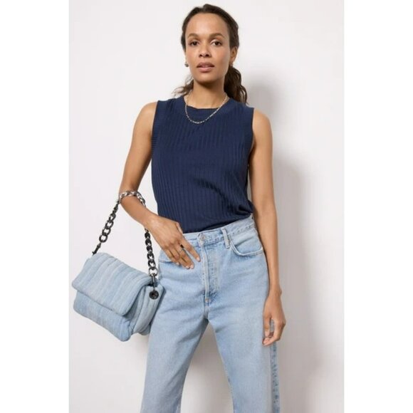 Evereve Sarina Navy Blue Ribbed Tank Round Neck Sleeveless Top Capsule Wardrobe - Picture 8 of 8